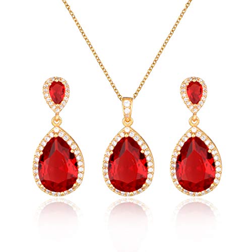 Bridal Jewelry Set for Wedding - 18k Plated Teardrop CZ Crystal Cubic Zirconia Rhinestone Necklace Earrings Set for Bride Bridesmaids Mother of Bride Party Prom Birthstone Costume Jewelry - color: Jul-Ruby