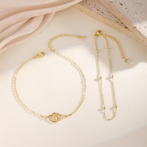 ASCOMY Ankle Bracelets for Women 14K Gold/Silver Plated Anklets for Women Waterproof Layered Cute Beads Dot Shining Twist Rope Chain Pearl Bar Link Heart Anklets Summer Beach Foot Chain Jewelry Gifts - style: Anklet B