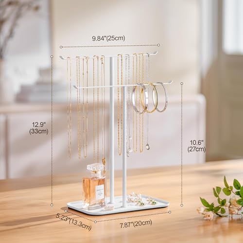 pickpiff Necklace Holder Jewelry Organizer Stand – 2‑Tier T‑Bar Jewelry Display Tree with Tray for Countertop Necklace Bracelet Earring Storage, Vanity Dresser Bathroom Sink, White - color: White