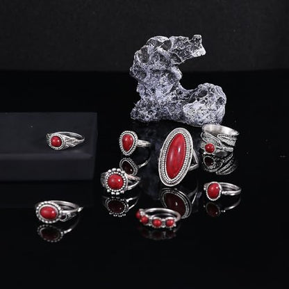 Bohemian Turquoise Ring for Women Stackable Vintage Chunky Boho Turquoise Ring Set Dainty Open Gemstone Knuckle Midi Finger Rings Western Statement Rings Jewelry - style: red eight