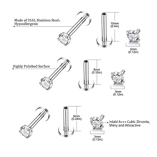 Helicopchain 20Pcs 16G Hypoallergenic Stainless Steel Lip Studs Labret Piercing With 3mm CZ Cartilage Tragus Helix Monroe Piercing Stud Jewelry 6mm 8mm 10mm - style: 6mm