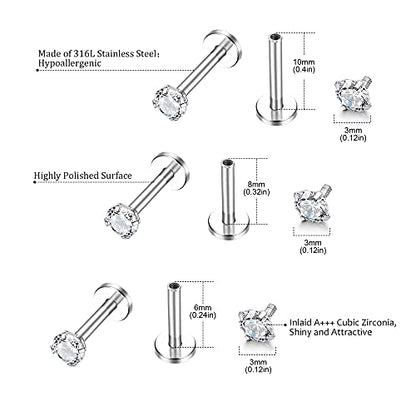 Helicopchain 20Pcs 16G Hypoallergenic Stainless Steel Lip Studs Labret Piercing With 3mm CZ Cartilage Tragus Helix Monroe Piercing Stud Jewelry 6mm 8mm 10mm - style: 6mm