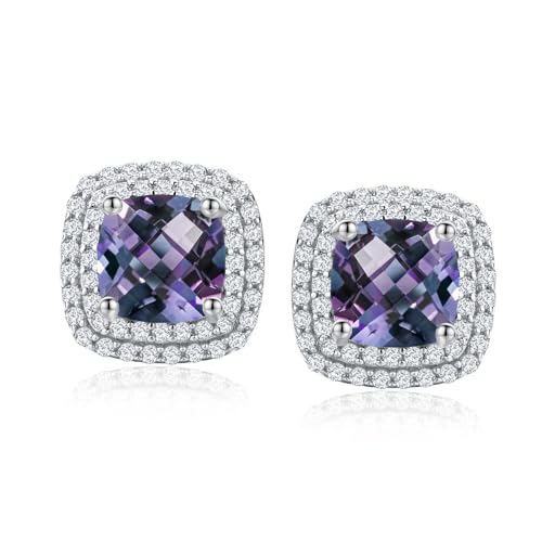 Dainty Birthstone Earrings for Women Sterling Silver Small Stud Earrings with Halo Cushion/Round Created Gemstone Earrings Birthstone Jewelry - style: A 06. Jun./created alexandrite-cushion cut