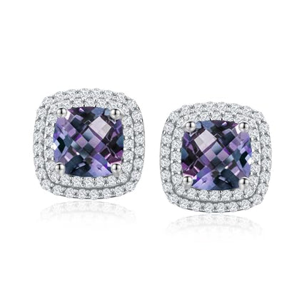 Dainty Birthstone Earrings for Women Sterling Silver Small Stud Earrings with Halo Cushion/Round Created Gemstone Earrings Birthstone Jewelry - style: A 06. Jun./created alexandrite-cushion cut