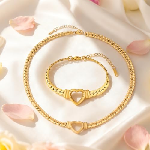 Chunky Flat Curb Chain Necklace and Bracelet Set, Gold/Silvery Stainless Steel Hollow Heart Pendant Jewelry for Women, Valentines Wedding Gift - color: Gold