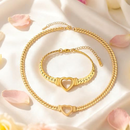 Chunky Flat Curb Chain Necklace and Bracelet Set, Gold/Silvery Stainless Steel Hollow Heart Pendant Jewelry for Women, Valentines Wedding Gift - color: Gold