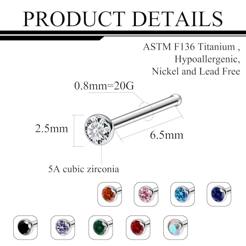 Ruifan ASTM F136 Titanium Nose Rings 18G 20G 22G Jeweled Mix Color Cubic Zirconia Nose Studs Ring Screw L-Shaped Bone Hypoallergenic Body Piercing Jewelry for Women 1.5mm 2mm 2.5mm 3mm 10PCS - style: Bone:20G(0.8mm)-2.5mm CZ
