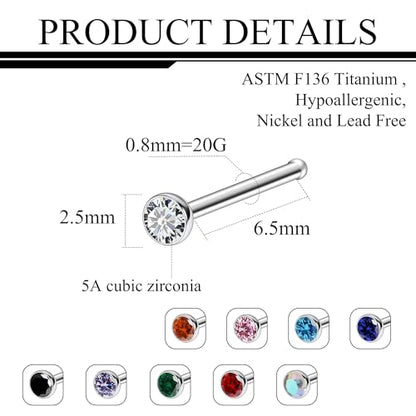 Ruifan ASTM F136 Titanium Nose Rings 18G 20G 22G Jeweled Mix Color Cubic Zirconia Nose Studs Ring Screw L-Shaped Bone Hypoallergenic Body Piercing Jewelry for Women 1.5mm 2mm 2.5mm 3mm 10PCS - style: Bone:20G(0.8mm)-2.5mm CZ
