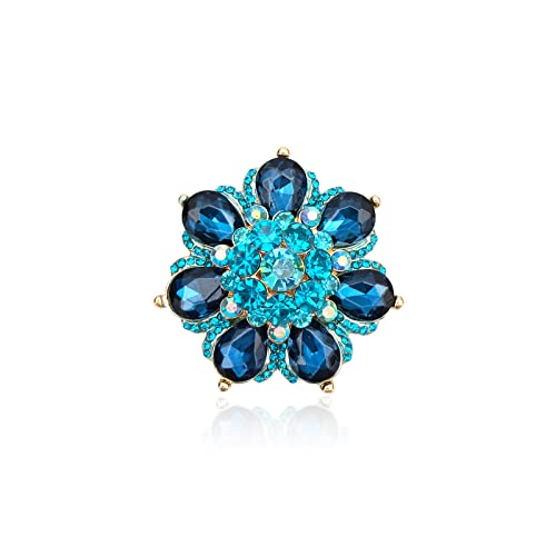 Flower Shape Crystal Cocktail Stretch Ring Party Prom Floral Statement Elastic Ring for Women - color: 2RI255-Aquamarine-gold tone