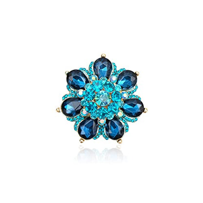 Flower Shape Crystal Cocktail Stretch Ring Party Prom Floral Statement Elastic Ring for Women - color: 2RI255-Aquamarine-gold tone