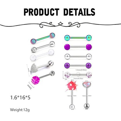 12Pcs Stainless Steel Tongue Rings 16G Curved Barbell Body Piercing Jewelry with Cubic Zirconia Heart Star Round Ball Tongue Cartilage Stud Piercing Jewelry for Women Men - color: White
