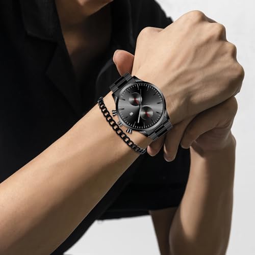 NEWITIN 4 Pieces Black Jewelry Set for Men Stainless Steel Watch Necklace Bracelet Ring Fashion Black Wristwatch Cuban Link Chain Cuban Jewelry Set for Men - color: Black