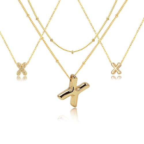 stino 4PCs Bubble Initial Letter Necklace Set, No Tarnish 14K Gold Plated Alphabet Pendant, Jewelry for Women - style: X