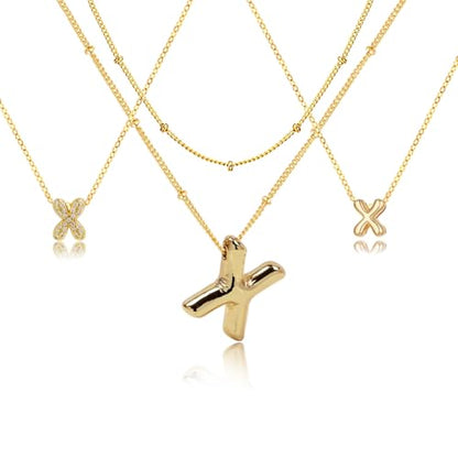 stino 4PCs Bubble Initial Letter Necklace Set, No Tarnish 14K Gold Plated Alphabet Pendant, Jewelry for Women - style: X