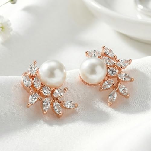 Mariell Pearl & Marquise CZ Crystal Wedding Earrings for Bride, Bridesmaids & Mother of the Bride - color: Rose Gold