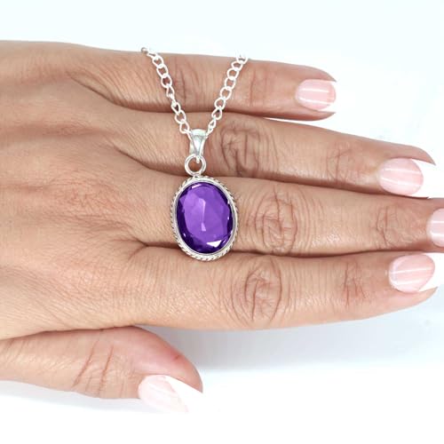 Chunky Natural Gemstone Pendant Necklace For Women Onyx, Turquoise, Amber, Garnet Oval Boho Genuine 925 Sterling Silver Handmade Jewelry - color: Amethyst Quartz