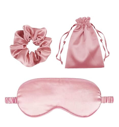 3Pcs Satin Eye Mask Silk Sleep Masks Set Silky Blindfold Eyeshade Blackout Eyes Cover Pouches Bag Scrunchy Wedding Gift - color: Pale Rose