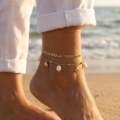 Dainty Gold Shell Pearl Ankle Bracelets for Women, Trendy Anklet Stack Charm Bracelet Adjustable Chain Summer Ocean Beach Accessories Fashion Jewelry Gift - color: PigNose Chain