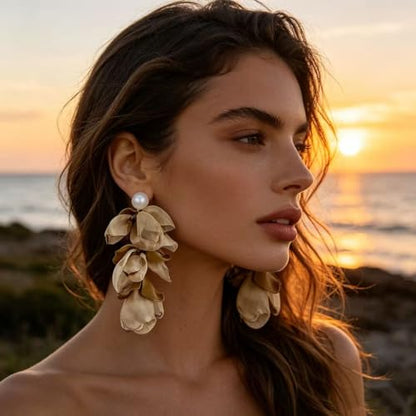 Handmade Bohemian Lightweight Fabric Flower Dangle Drop Earrings Chic Pearl Large Tassel Petal Stud Earrings For Women - color: khaki