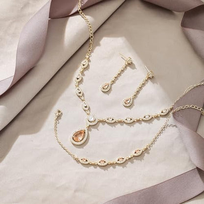 EVER FAITH Bridal Jewelry Set for Women, Stunning Teardrop Cubic Zirconia Birthstone Necklace Bracelet Earrings Sets Gift for Mothers Day/Valentines/Birthday/Christmas - color: Champagne