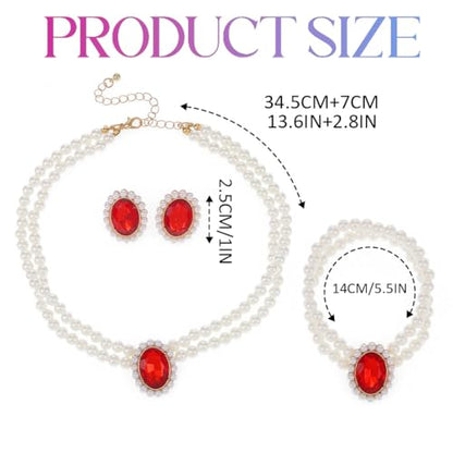 Brishow Pearl Necklace Jewelry Set Wedding Pearls Earrings Necklaces Set Bridal Crystal Bracelet Jewelry for Women (Pack of 3) - color: Red, size: 2 Layered