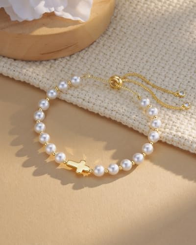 HGDEER God's Blessing Cross Bracelet for Women & Teens, Christian Gift | 14K Gold Plated, Natural Malachite & Turquoise Beads, Secure Adjustable Bolo Clasp, Hypoallergenic, Gift for Women & Teens - color: White
