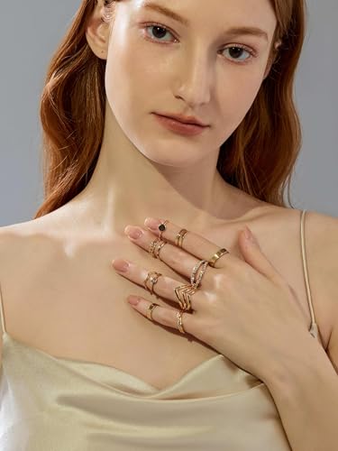12 Pcs Gold Stackable Rings for Women,Dainty 14k Plated Gold Knuckle Ring Set with Cubic Zirconia Hypoallergenic No-Tarnish Gold Joint Rings Jewelry Gift for Women