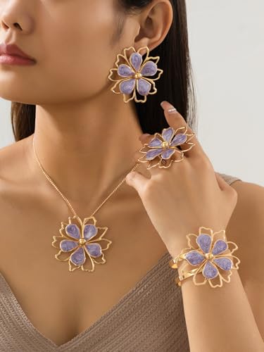 Gold Flower Jewelry Set For Women, 5 Pcs Chunky Golden Floral Pendant Necklace Bracelet Earrings Ring Set Statement Flower Jewelry Gifts For Beach Wedding - color: 5pcs-Purple