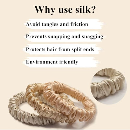 VLOMOT 3 Pcs Set 100% Pure Mulberry Silk Hair Scrunchies (Champagne) | Silk Hair Ties for Thin Hair with 3 Chic Colors Everyday Skinny Scrunchies Silk Ponytail Holders Hair Care No Damage - color: Champagne