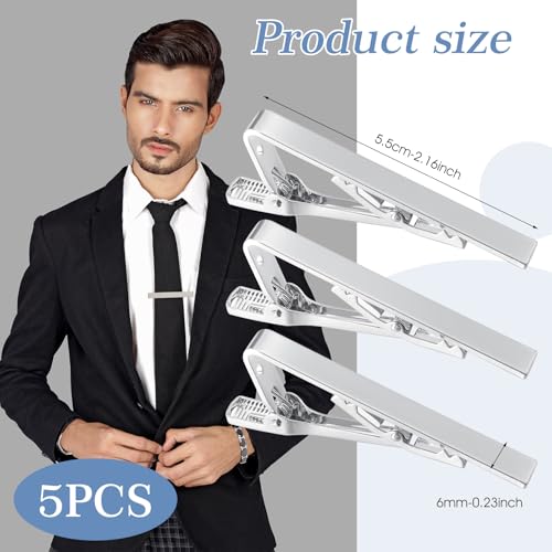 5 Pack Silver Tie Clips for Men, Men's Tie Clips Classic Ties Clip Silver with Adjustable Clasp Necktie Ties Bars Men TieAccessories for Professional Office Formal Events Wedding