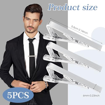 5 Pack Silver Tie Clips for Men, Men's Tie Clips Classic Ties Clip Silver with Adjustable Clasp Necktie Ties Bars Men TieAccessories for Professional Office Formal Events Wedding
