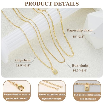 YEEZII Layered Gold Necklaces for Women Trendy, 3 Pcs 14K Gold Plated Choker Paperclip Box Chain Necklace, Stackable Women's Gold Pendant Necklaces Jewelry Set - color: Gold-3 Pcs-square pendant