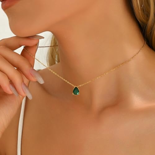 Cubic Zirconia Necklaces for Women 18K Gold Plated Tear drop Necklace Dainty Layered CZ Lariat Diamond Necklace - color: Green Teardrop-Gold