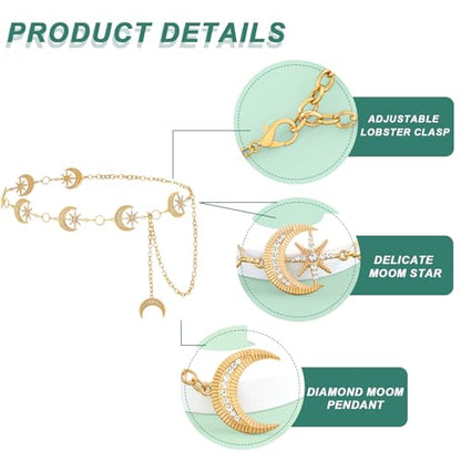 Rhinestone Moon Chain Belt Sparkly Star Waist Chain Adjustable Body Jewley for Women Dress Belt Accessory - style: Gold moon star D