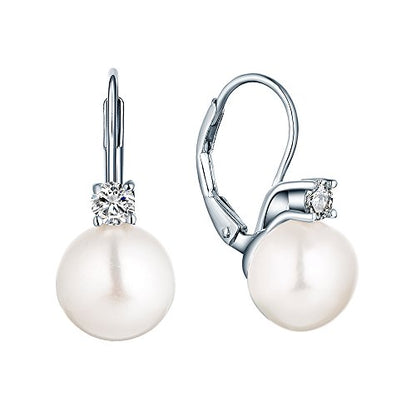JO WISDOM 925 Sterling Silver Cubic Zirconia Freshwater Cultured Pearl Drop & Dangle Leverback Earrings - color: 10mm-white