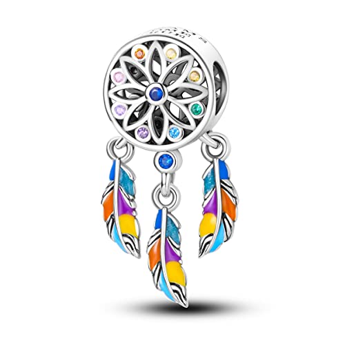 Hapour 925 Sterling Silver Charms for Bracelet Necklace Dangle Pendant Bead | Bear Charm, Elephant Zebra Cat Dream catcher Family Birthday European Jewelry Charm, For Women Mom - color: Colorful Dreamcatcher