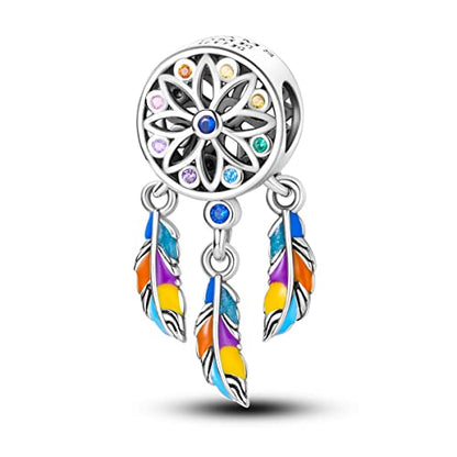 Hapour 925 Sterling Silver Charms for Bracelet Necklace Dangle Pendant Bead | Bear Charm, Elephant Zebra Cat Dream catcher Family Birthday European Jewelry Charm, For Women Mom - color: Colorful Dreamcatcher