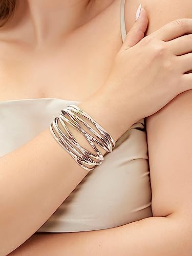 Gold Cuff Bracelet for Women Chunky Multi-layer Cross Wire Open Bracelet Hollow Wide Cuff Bracelets Adjustable Gold Open Cuff Bangle Bracelet - color: Wide Wire Silver Bracelet