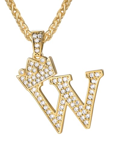 U7 Crown Initial Necklace Men Women, Bling Diamond A-Z 0-9 Letter Pendant with Wheat Chain, Silver/Black/Gold Plated CZ Alphabet Number Hip Hop Jersery for Father Husband - color: a. Gold, size: 23. W