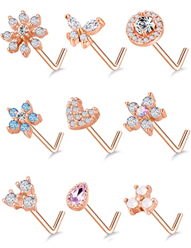 9Pcs Nose Rings Stud L Bone Screw Shaped Nose Ring Flower CZ Snowflake Butterfly Screw Nose Stud Body Piercing Jewelry for Women Men 20G Silver Gold Rose Gold Tone - color: C:Rose Gold Tone