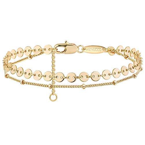 MEVECCO Dainty Chain Bracelets for Women, Layered and Charm Styles | 14K Gold Plated Brass, Select Cubic Zirconia Accents, Single and Multi-Row Structures for Refined Everyday Wristwear - style: 2 Layer Coin Chain Satellite Chain