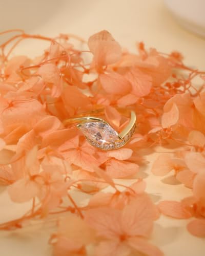 JSJOY Promise Rings for Her, Wavy Marquise Cut Engagement Ring 14K Gold Anniversary Rings with 5A CZ Dainty Solitaire Wedding Jewelry Tarnish Resistant Fashion Rings Gift for Her Sizes 5-10