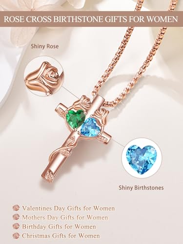 Rose Gold Cross Necklace with 2 Birthstones and Rose | Cross with Birthstone Necklace, Hypoallergenic, Adjustable Rolo Chain, Birthday Gifts, Catholic Christian Religious Jewelry - color: 05-12-May-Dec Birthstone