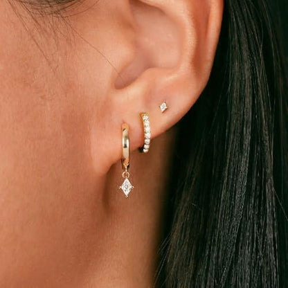 3 Pairs Earring Stacks, Gold Earring Set Jewelry Gift for Women | Small, 14K Gold/White Gold/Black/Rose Gold Plated, Hypoallergenic, Her, Everday, Stackable, Simple, 3 Holes - color: Gold-Rhombus CZ