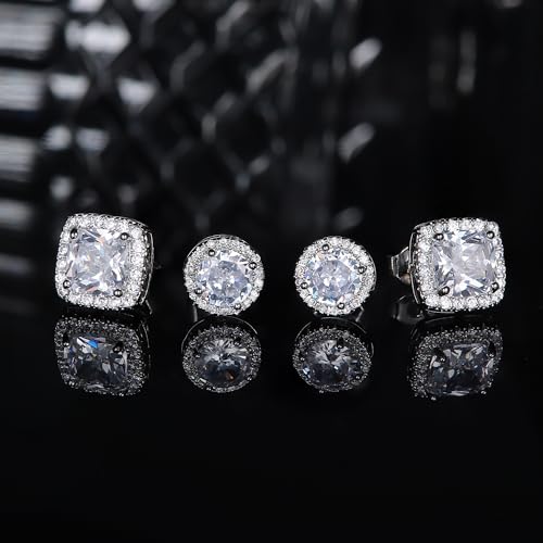 18K Gold Plated Halo Stud Earrings 925 Sterling Silver Cubic Zirconia Stud Earrings Round Square Diamonique Stud Earrings Set for Women Men - color: Silver