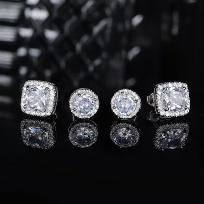 18K Gold Plated Halo Stud Earrings 925 Sterling Silver Cubic Zirconia Stud Earrings Round Square Diamonique Stud Earrings Set for Women Men - color: Silver