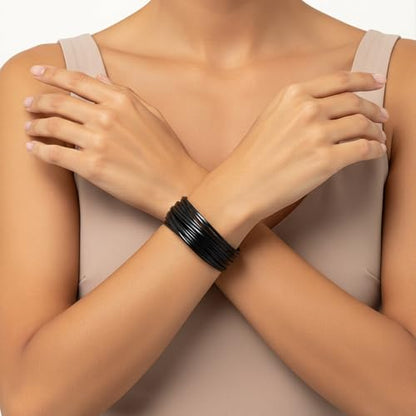 Edoneery Leather Wrap Bracelets for Women, Boho Layered Cuff Bangle | Multi-layer Leather Cuff, Daily wear, Stackable Bangle, Easy on-off, Western Jewelry Gifts for Women - color: Black-3