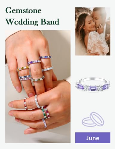 3.5mm Half Eternity Band Sterling Silver Rings for Women Sapphire/Ruby/Emerald and Cz Wedding Bands 7 Stone Stackable Birthstone Ring Anniversary Jewelry Size 6-10 - color: 06-Alexandrite-Jun.