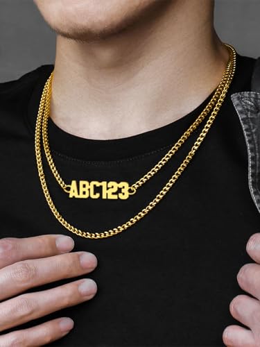 GoldChic JEWELRY Name Necklace Personalized for Men, Womens Custom Name Plate Chain, Stainless Steel Customized Old English Nameplate Choker with Curb Chains Custom, 16 inches to 30 inches - color: Curb Chain 4 mm - Gold(Small Pendant)