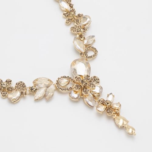 Rhinestone Crystal Bridal Necklace Floarl Art Deco Teardrop Collar Necklace Dangle Earrings Jewelry Set for Women - color: Champagne